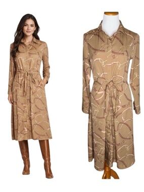 Lauren Ralph Lauren Tie Waist Shirt Dress Size 6 Camel Horse Bridle Equestrian
